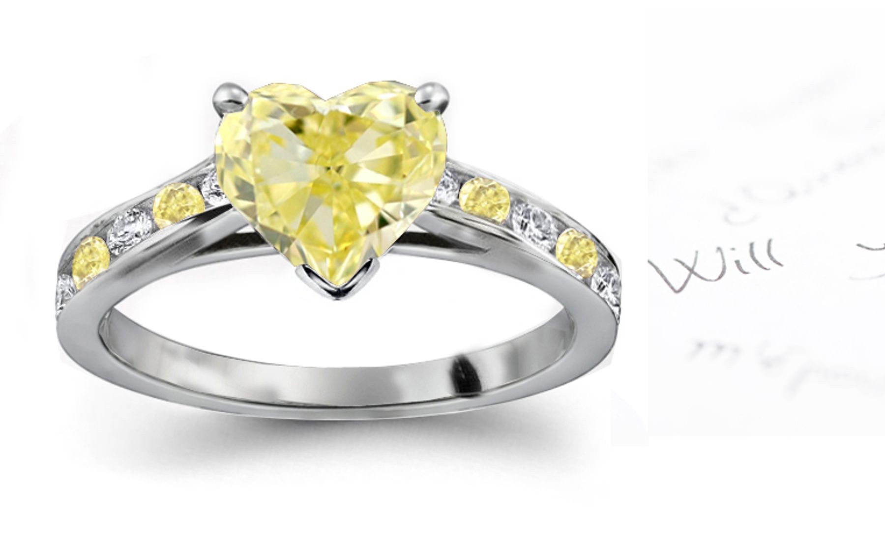 Shimmering Center Heart Yellow Diamond & Channel Set Contrasted Canary & White Diamonds Gold Engagement Ring