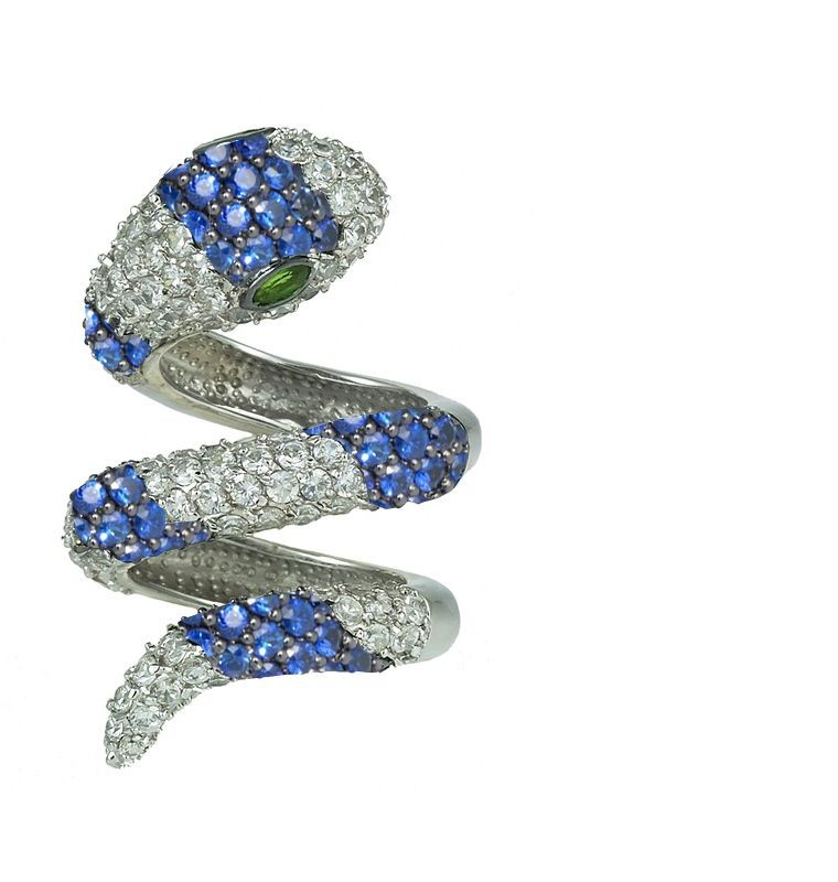 Micropave Diamond Sapphire Single Wrap Gold Snake Ring