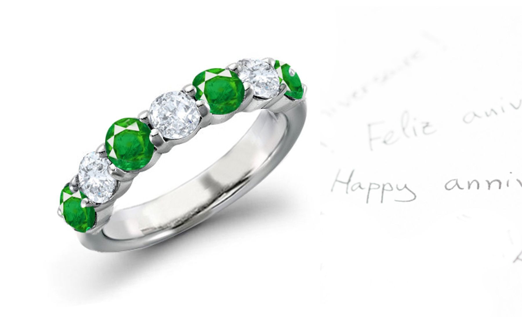 Emerald Jewelry Half Eternity Band: The luck of the Irish will be with you in this emerald and diamond rounds 4-prong-set men's ring 14K White Gold