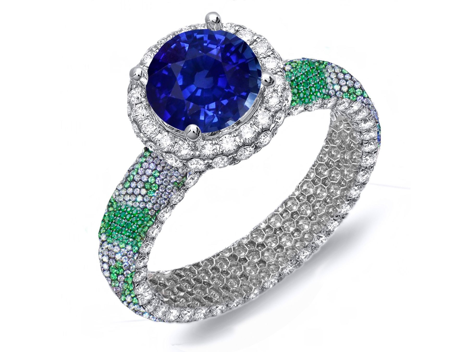 Stunning Pave Cluster Diamond & Multi-Colored Precious Stones Rubies, Emeralds & Blue, Pink, Purple, Yellow Sapphires