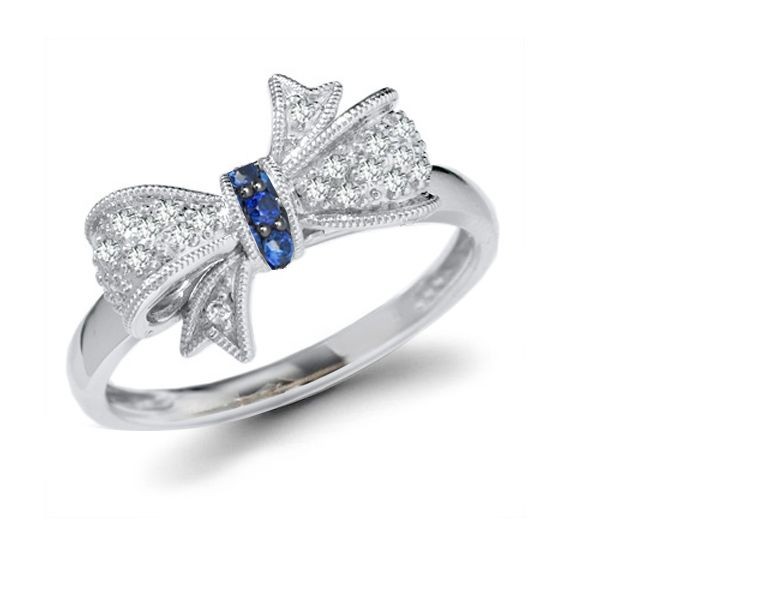 Georgian Micropave Diamond Ribbon & Sapphire Bow Gold Ring with 1.75 cts genuine