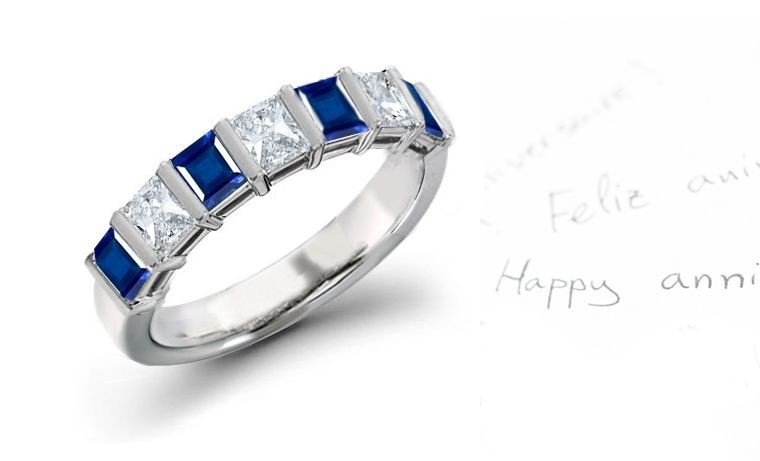 Five Stone Square Diamond & Sapphire Engagement Ring