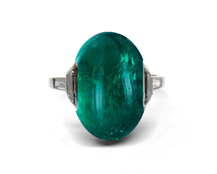 Edwardian, Belle Epoque, Platinum, Crystal Green, Bright, Deeply Saturated Emerald Cabochon