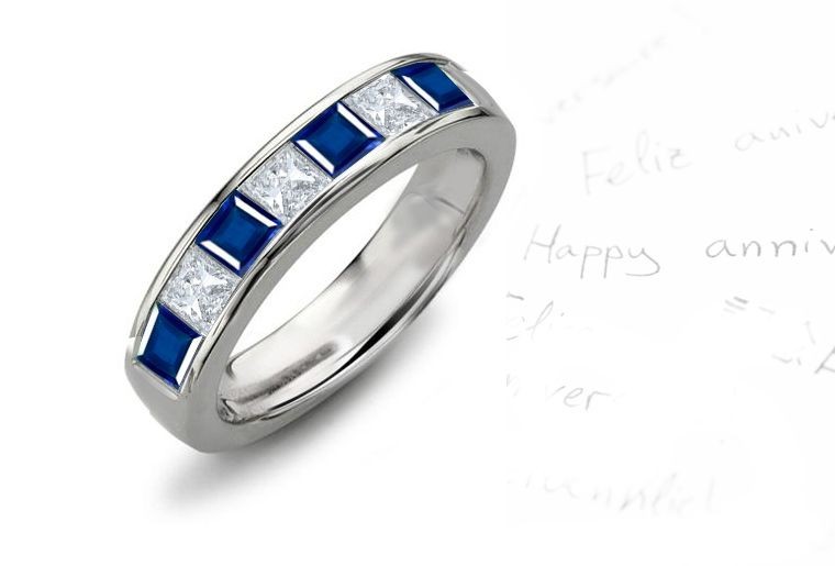 Mens 7 Stone Princess Cut Sapphire & Diamond Gold Ring