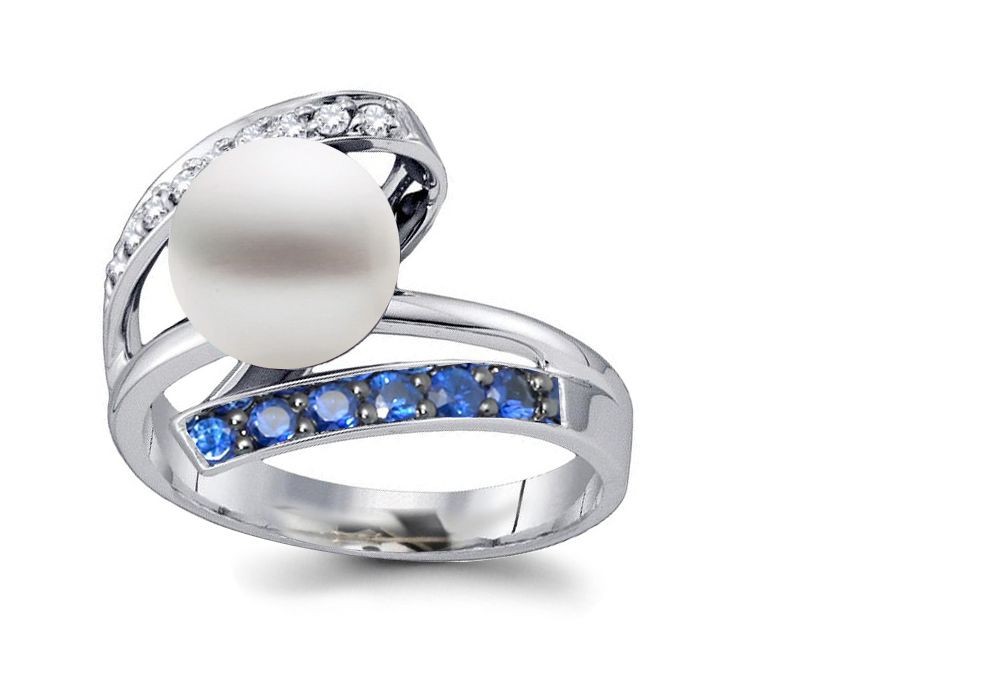 Diamond, Sapphire, & Pearl Bypass Ring with 7 mm Natural Pearl and 0.50 cts