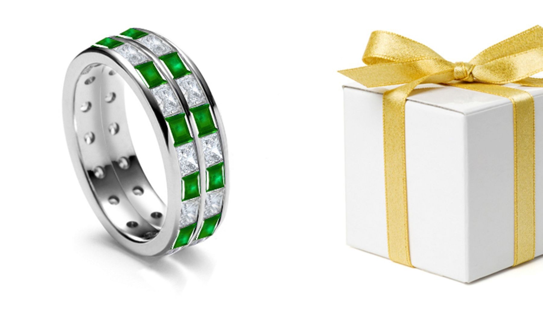 Two Gold Rings: Sparkling & Shining Princess Cut Diamond Square Emerald 2 Row Gold Eternity Band