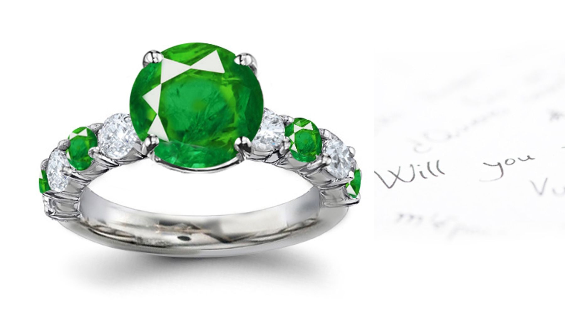 Rare Richer Goods: Bela U-Prong Emeralds & Diamonds Anniversary Engagement Ring in 14k White Gold & Platinum