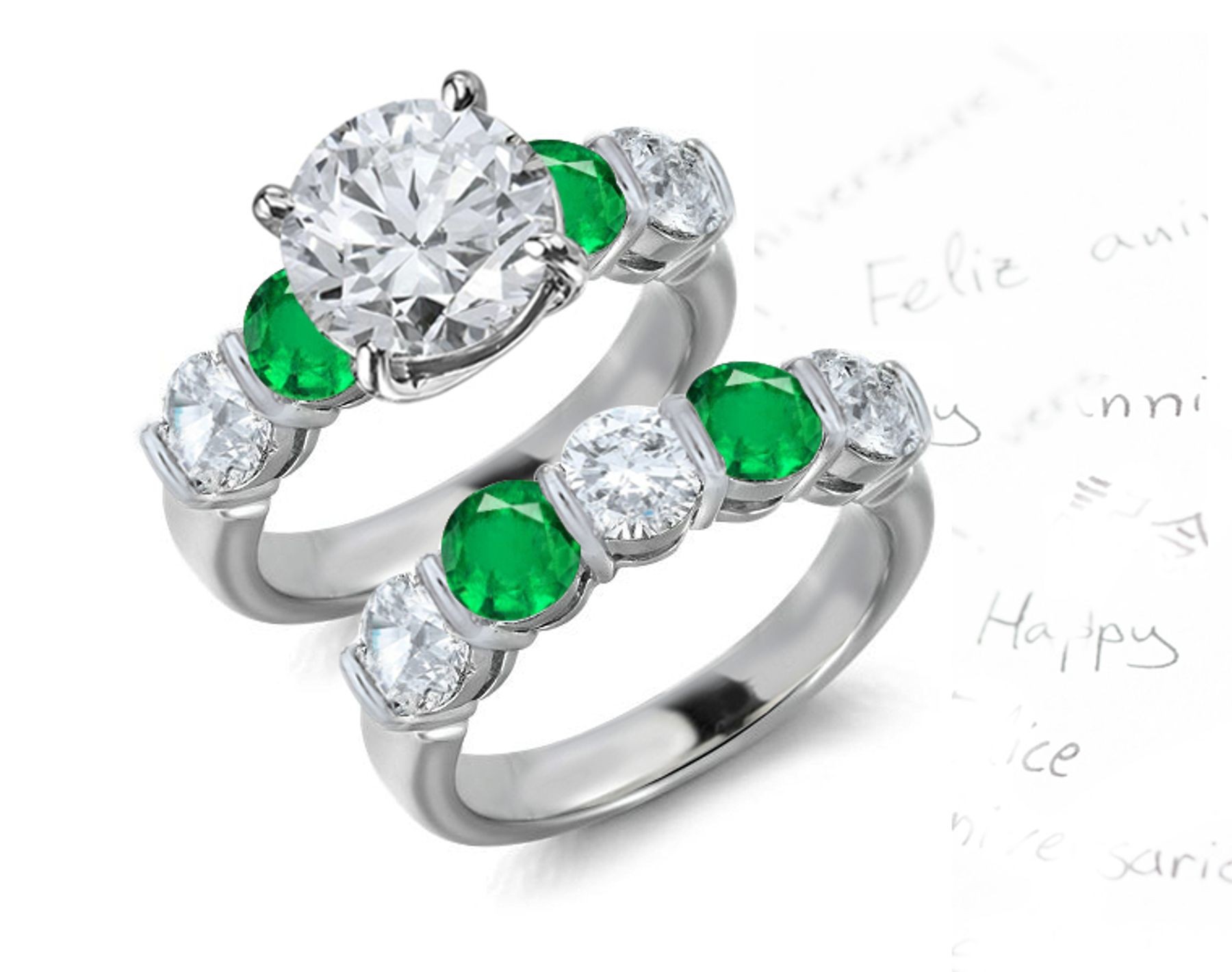 True Emerald & Genuine Diamonds: This 5 Stone nniversary Ring with Emeralds and Diamonds 