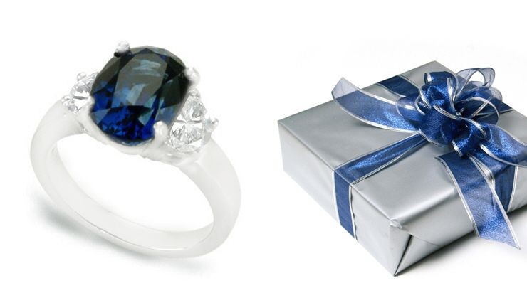 Oval Blue Sapphire Three Stone Ring with Half-Moon Diamonds in 14k White Gold (7x5 & 5x3 mm)