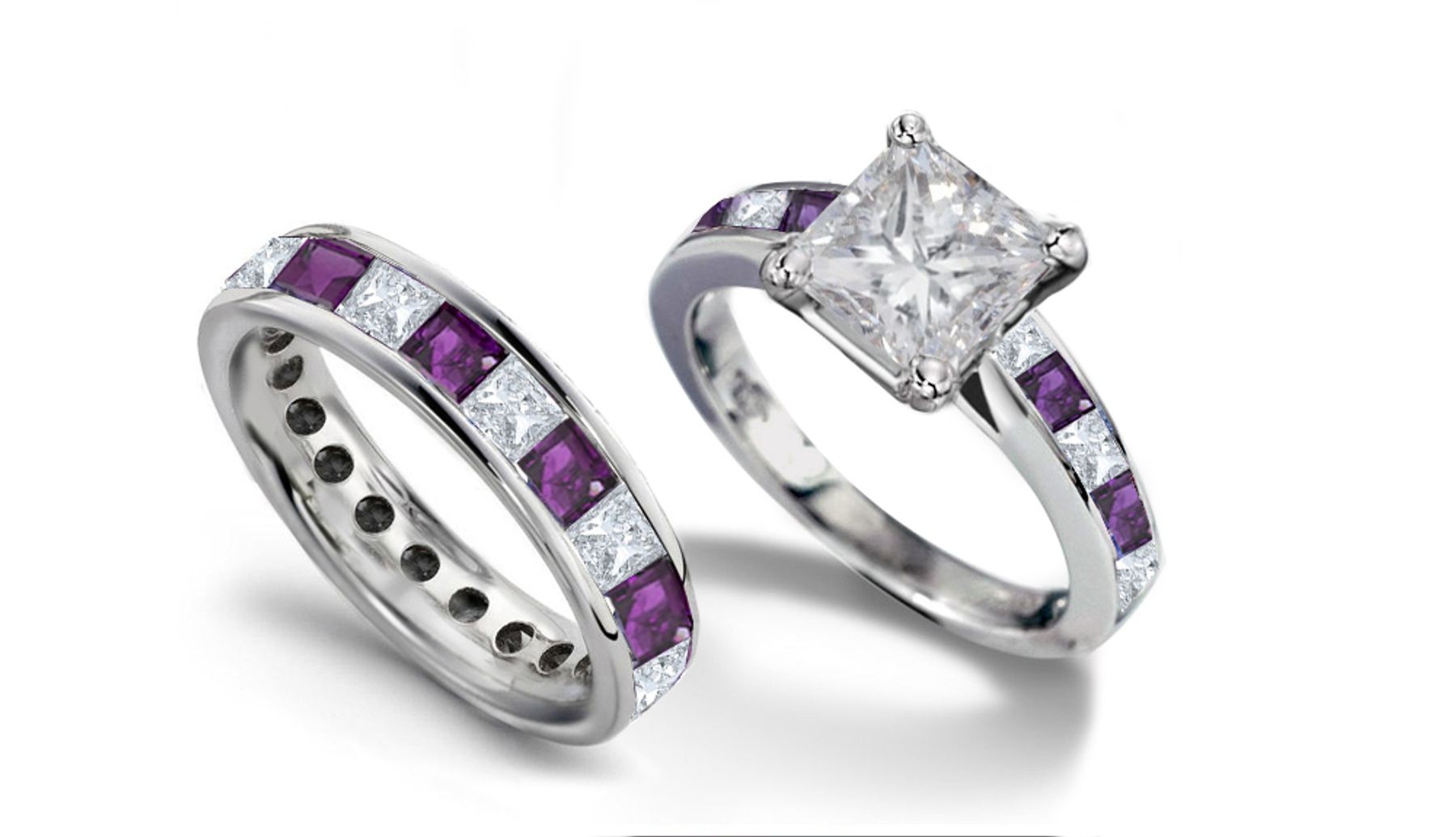Princess Cut Diamond & Purple Sapphire Engagement Ring and Matching Band