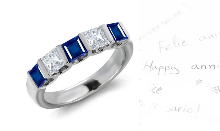 5 Stone Princess Cut Diamond & Sapphire Engagement Ring