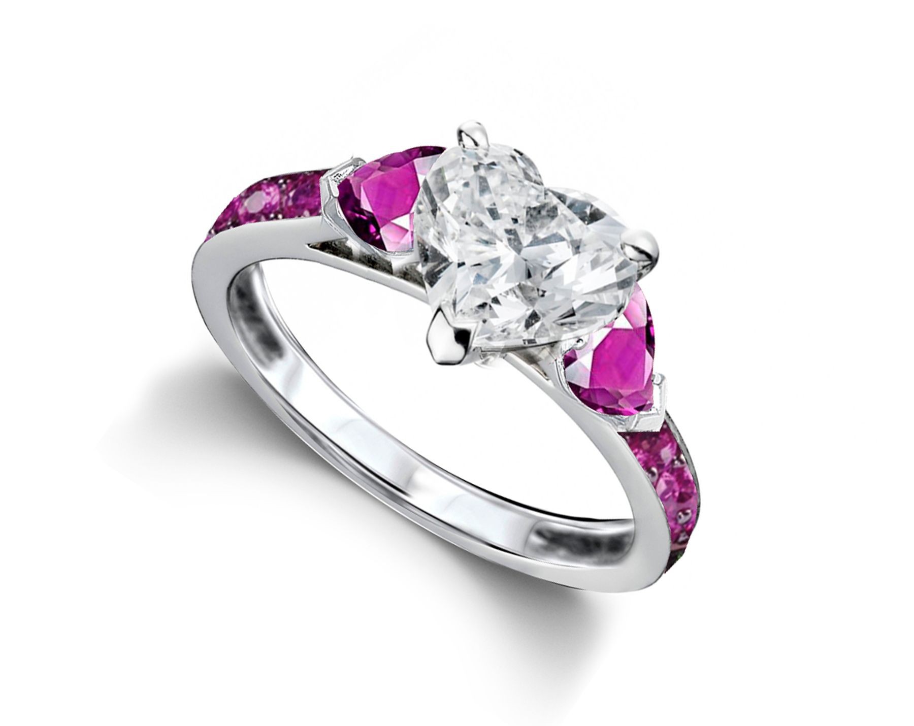 Heart Diamond & Purple Sapphire Three Stone Engagement Ring With Side Accents