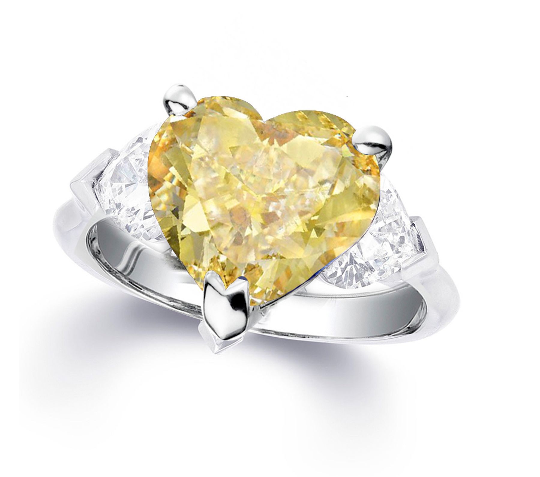 Custom Manufactured Three Stone Heart-Shaped Diamonds & Yellow Sapphire Ring