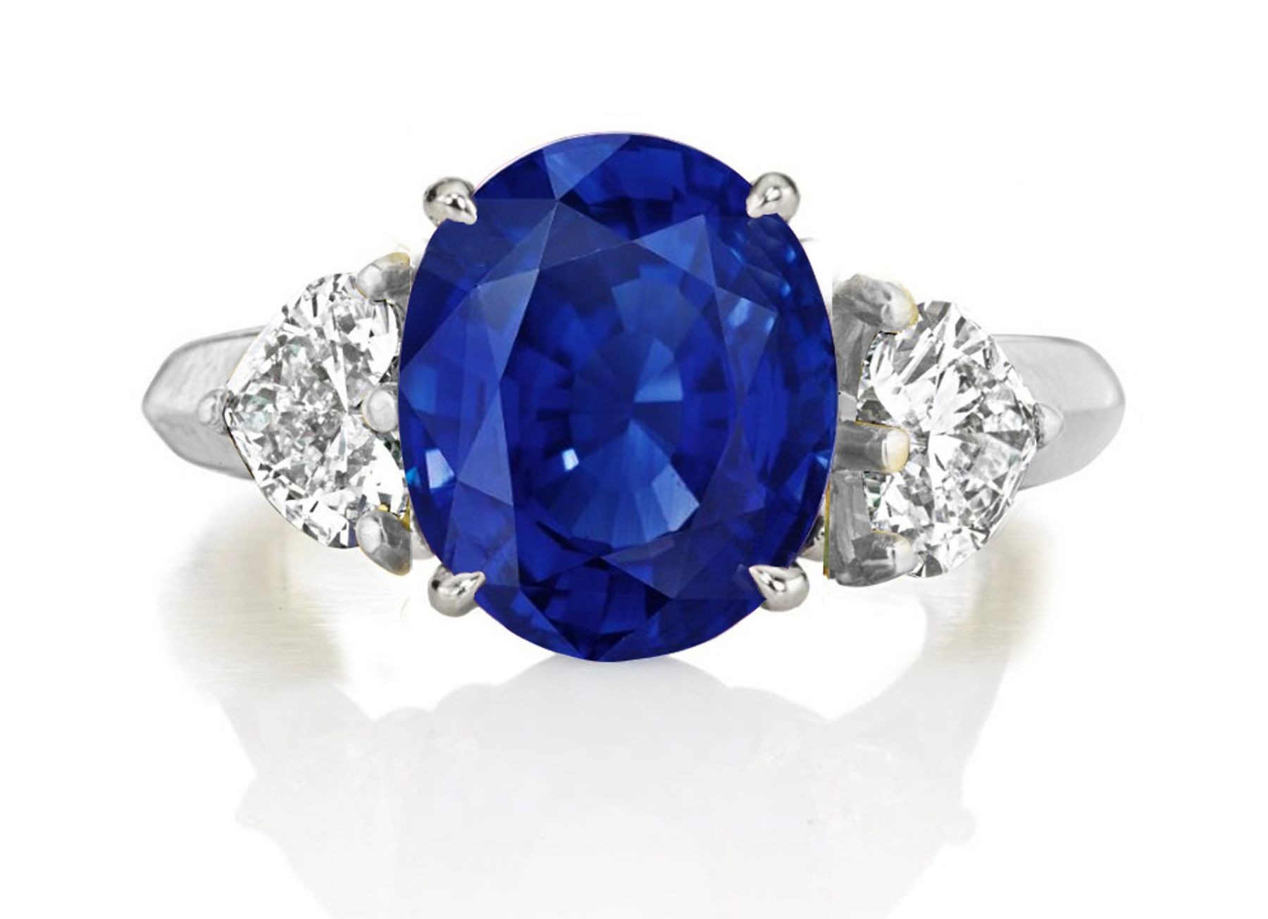 Premium Quality Unique Heart Shaped Diamonds & Blue Sapphire Oval Three Stone Rings