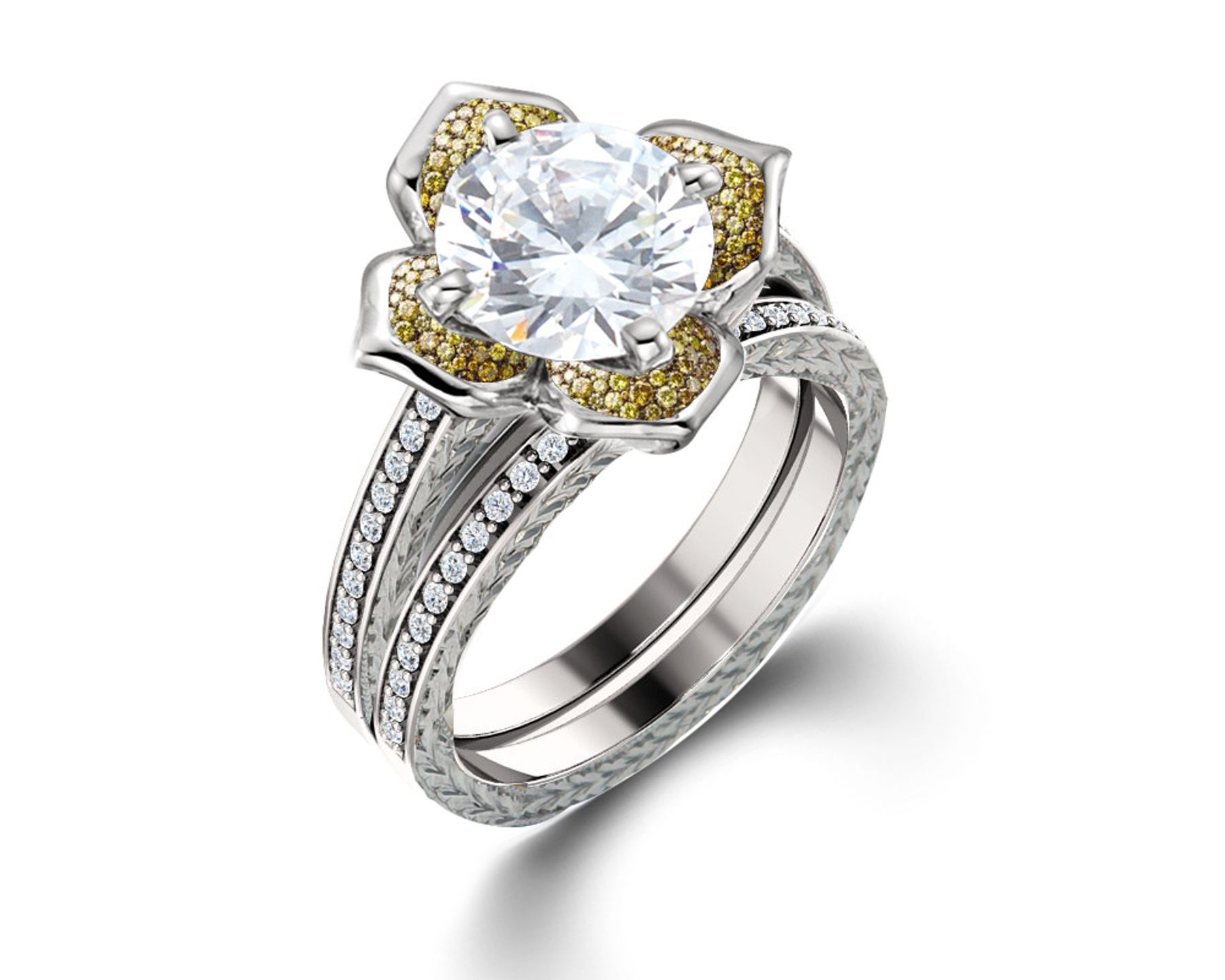 Delicate Micro Pave Halo Vivid Flower Yellow Sapphires & Brilliant-Cut Round Diamonds Designer Engagement Rings