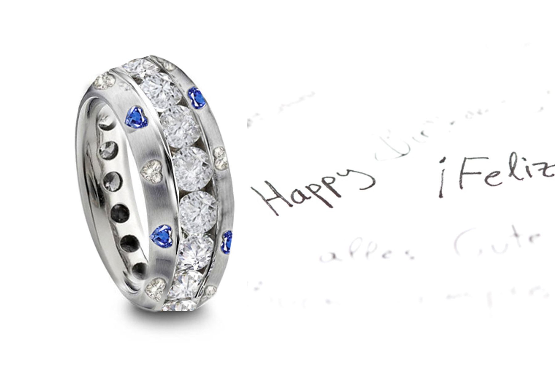 5 mm Wide Burnish Set Heart Diamond & Blue Sapphire Gold Ring