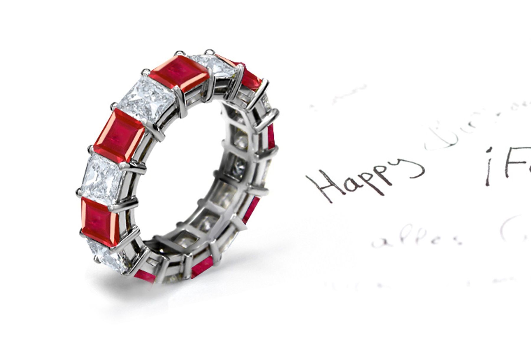 Dazzler: Square Ruby & Princess Cut Diamond Eternity Ring in Platinum