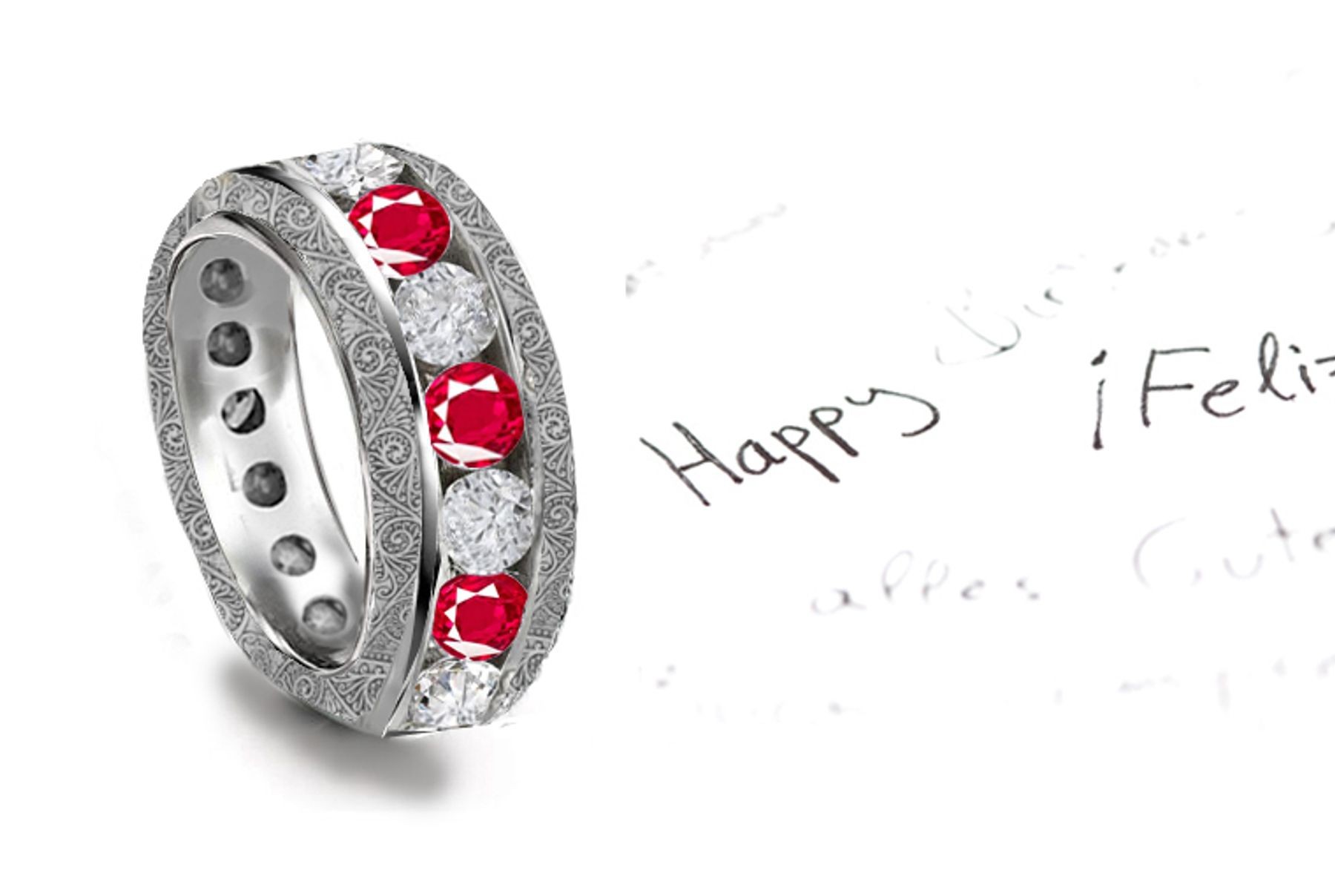6mm Wide Diamond & Ruby Band Embossed with Floral Scrolls & Motifs in Platinum & 14k Gold