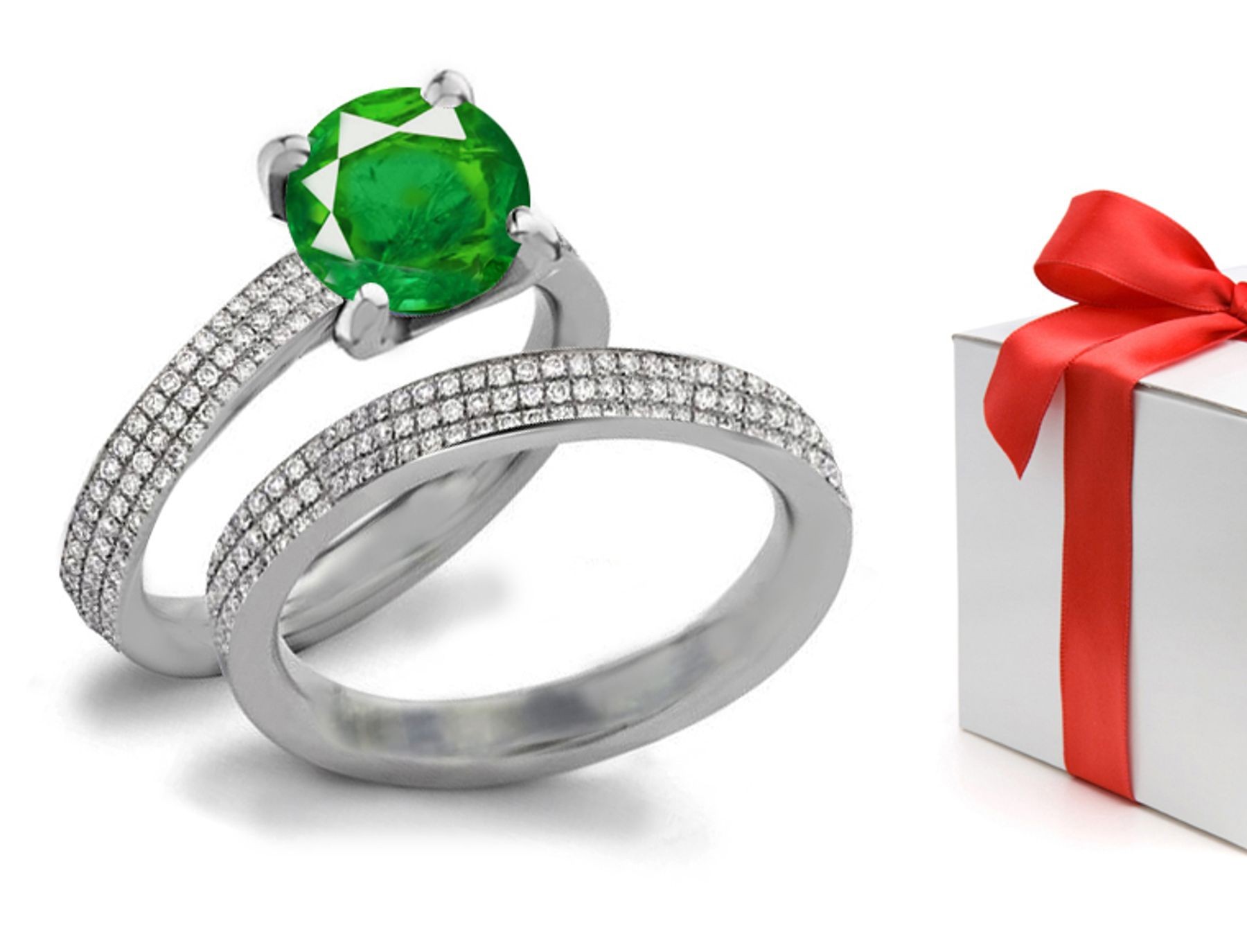 Various Sizes and Styles: Charming French Pave' Fine Emerald Stones & Diamond Ring in 14k White Gold