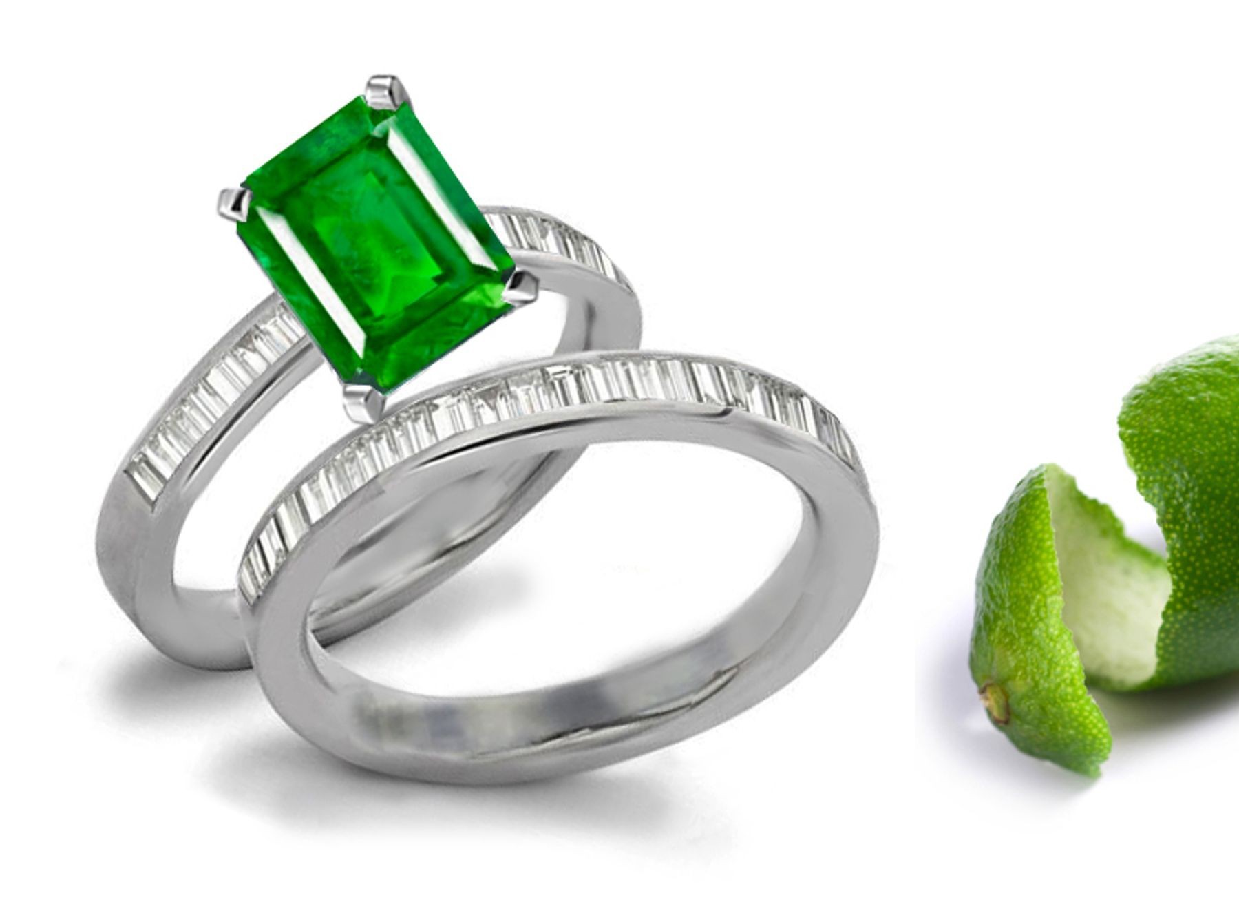 Beautiful Natural Emerald Cut Emerald & Baguette Diamond Channel Set Ring & A Band