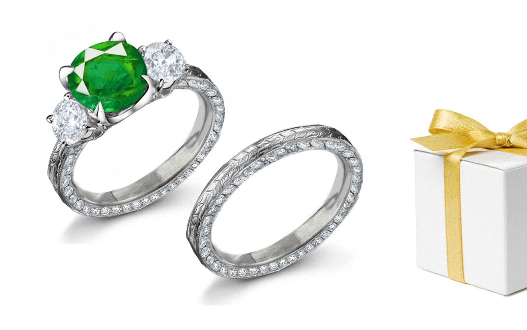 3 StoneNatural Beauty Emerald Diamond Engagement Halo Ring & Halo Platinum Engraved Band