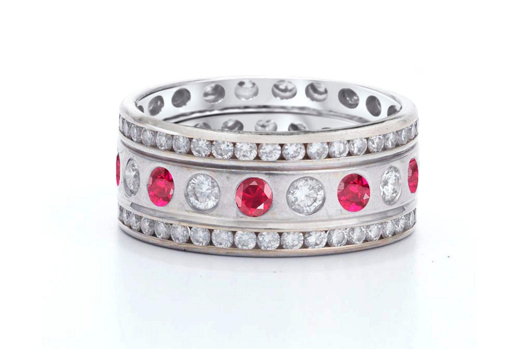 Precision Set Bezel & Channel Set Round Diamond & Ruby Eternity Band Rings