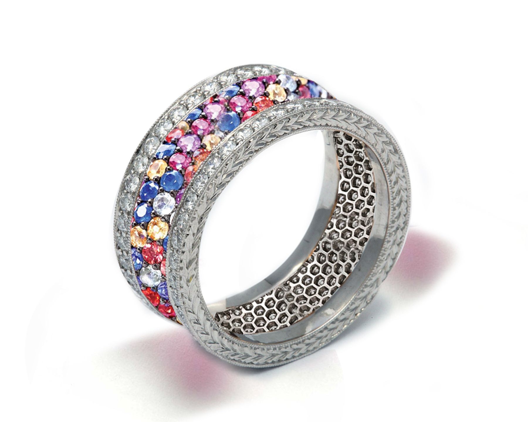 Delicate Women's Eternity Rings Featuring Multi-Colored Diamonds and Gemstones in Halo Precision Micro pave Settings