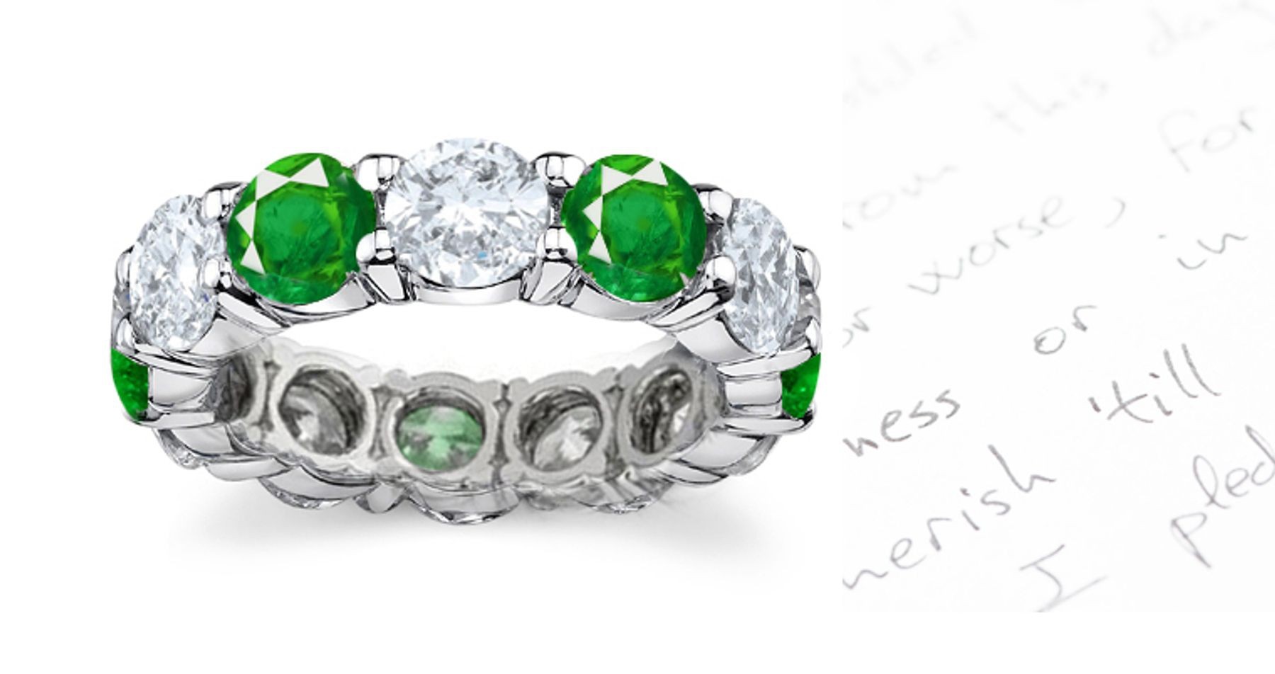 Emerald Jewelry Eternity Rings: The luck of the Irish will be with you in this Emerald and Diamond Rounds Prong Set Rings in 14K White Gold