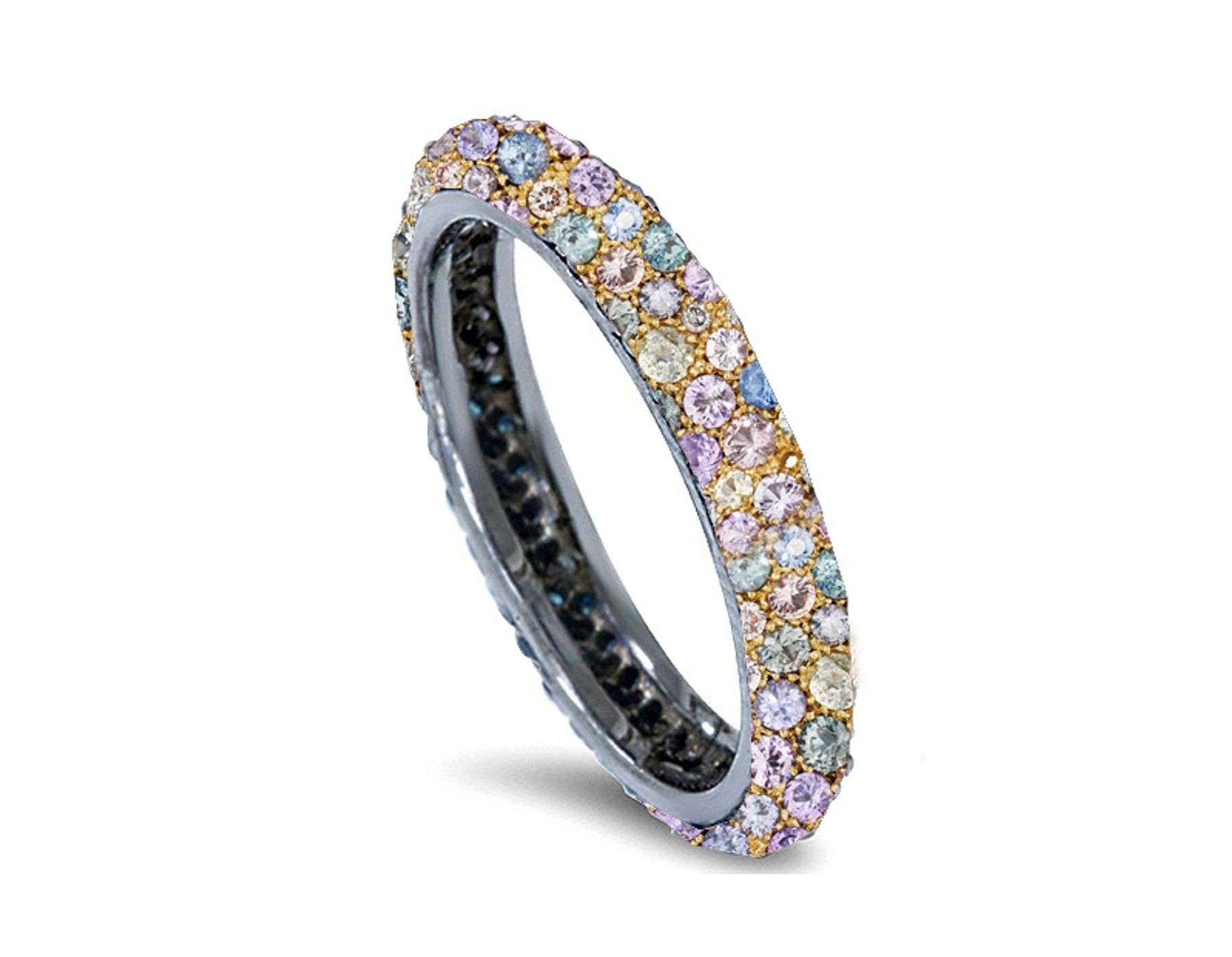 Delicate Women's Eternity Rings Featuring Multi-Colored Diamonds and Gemstones in Halo Precision Micro pave Settings