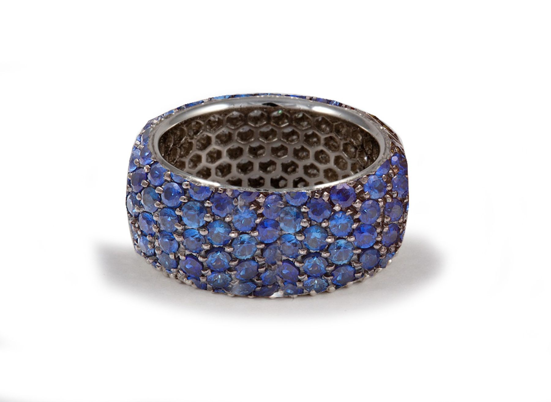 Latest Collection: Women's Halo Micro pave Precision Set Blue Sapphire & Diamond Eternity Rings Available in Gold or Platinum for Wedding or Anniversary