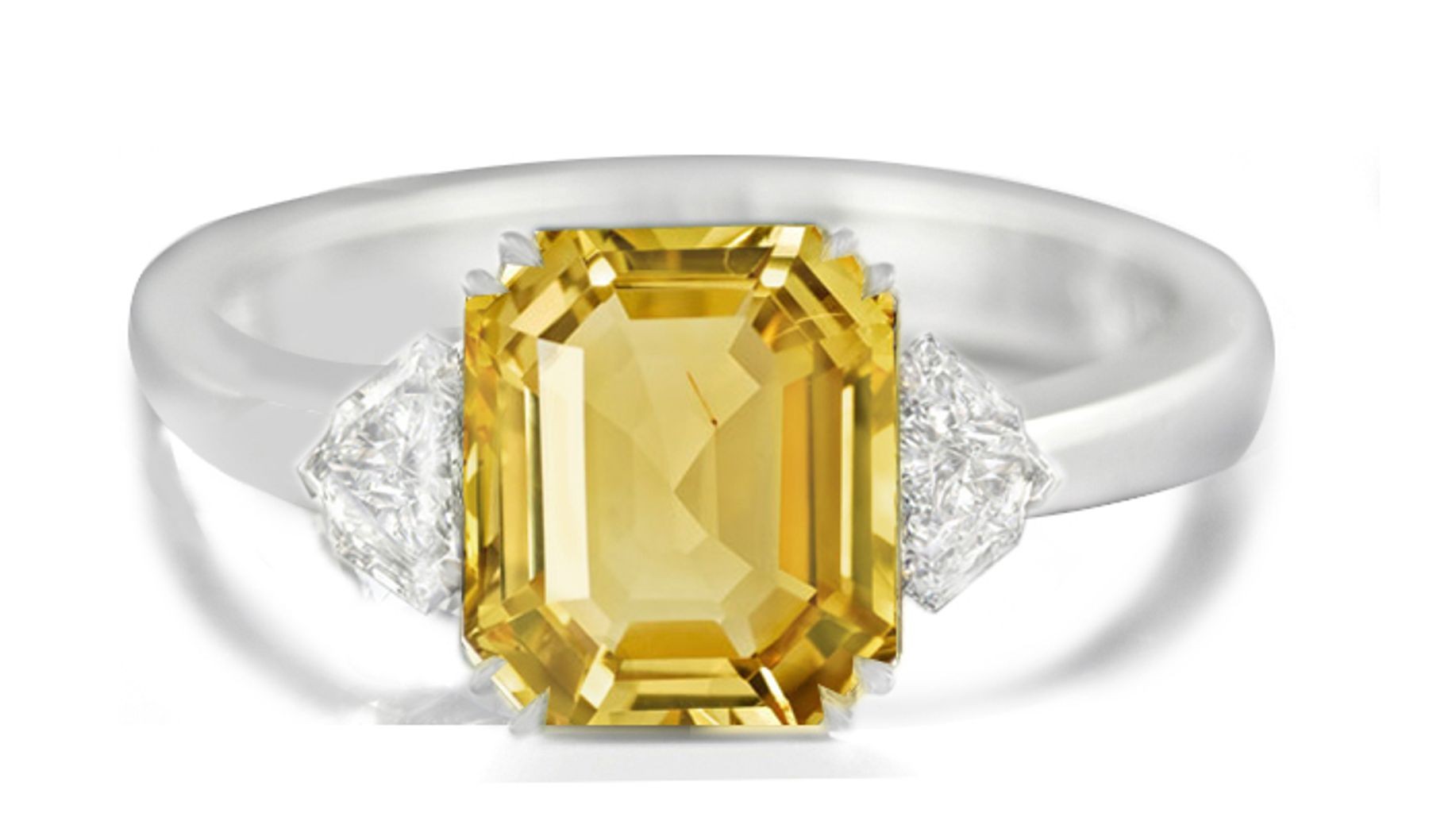 Emerald-Cut Yellow Sapphire with Fancy Diamonds in 14k White Gold Engagement Ring (7x5 mm)