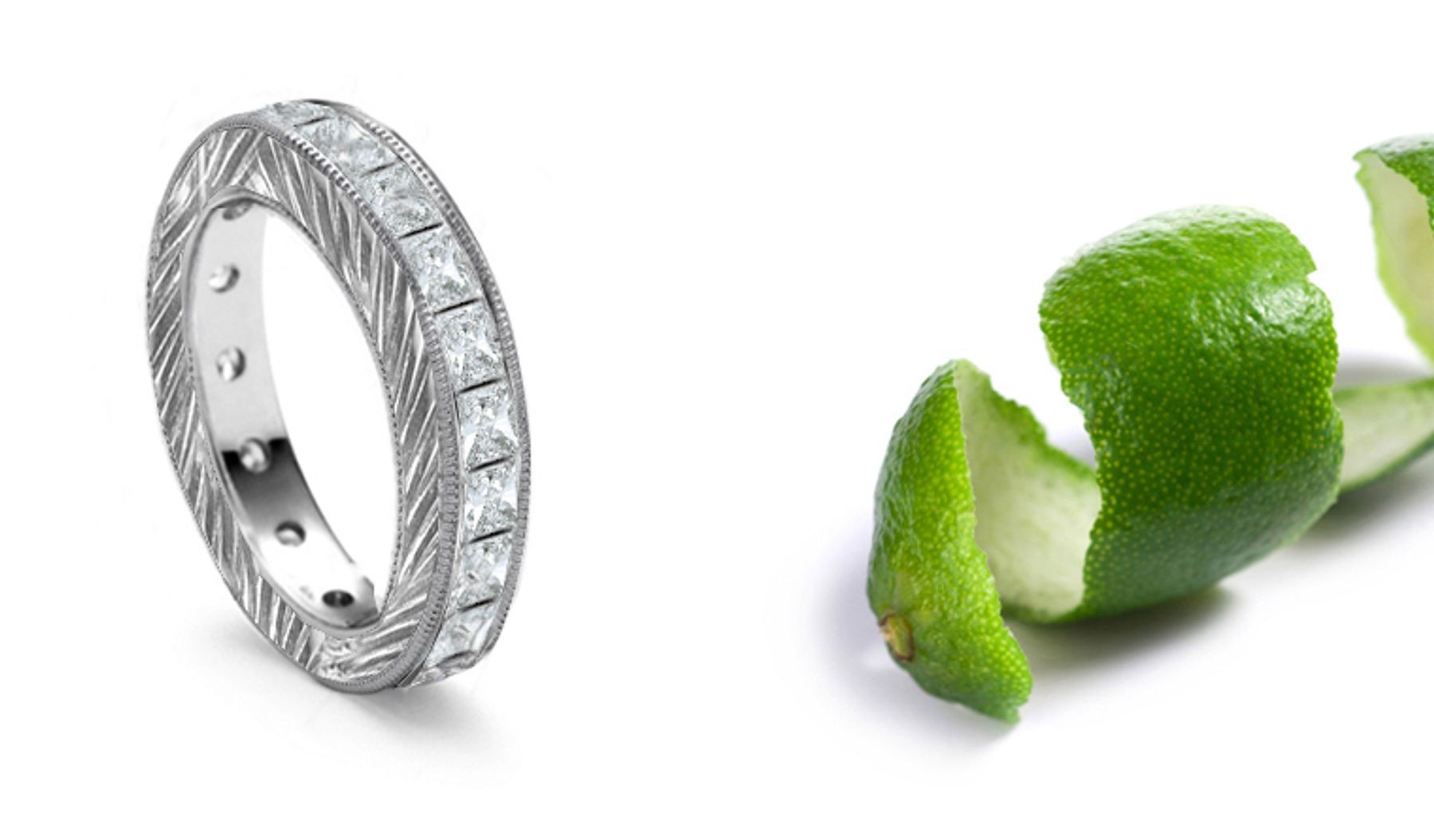 Dazzler: Princess Cut  Diamond Wedding Band Artfully Presented in Leaf Motifs in Fine Platinum