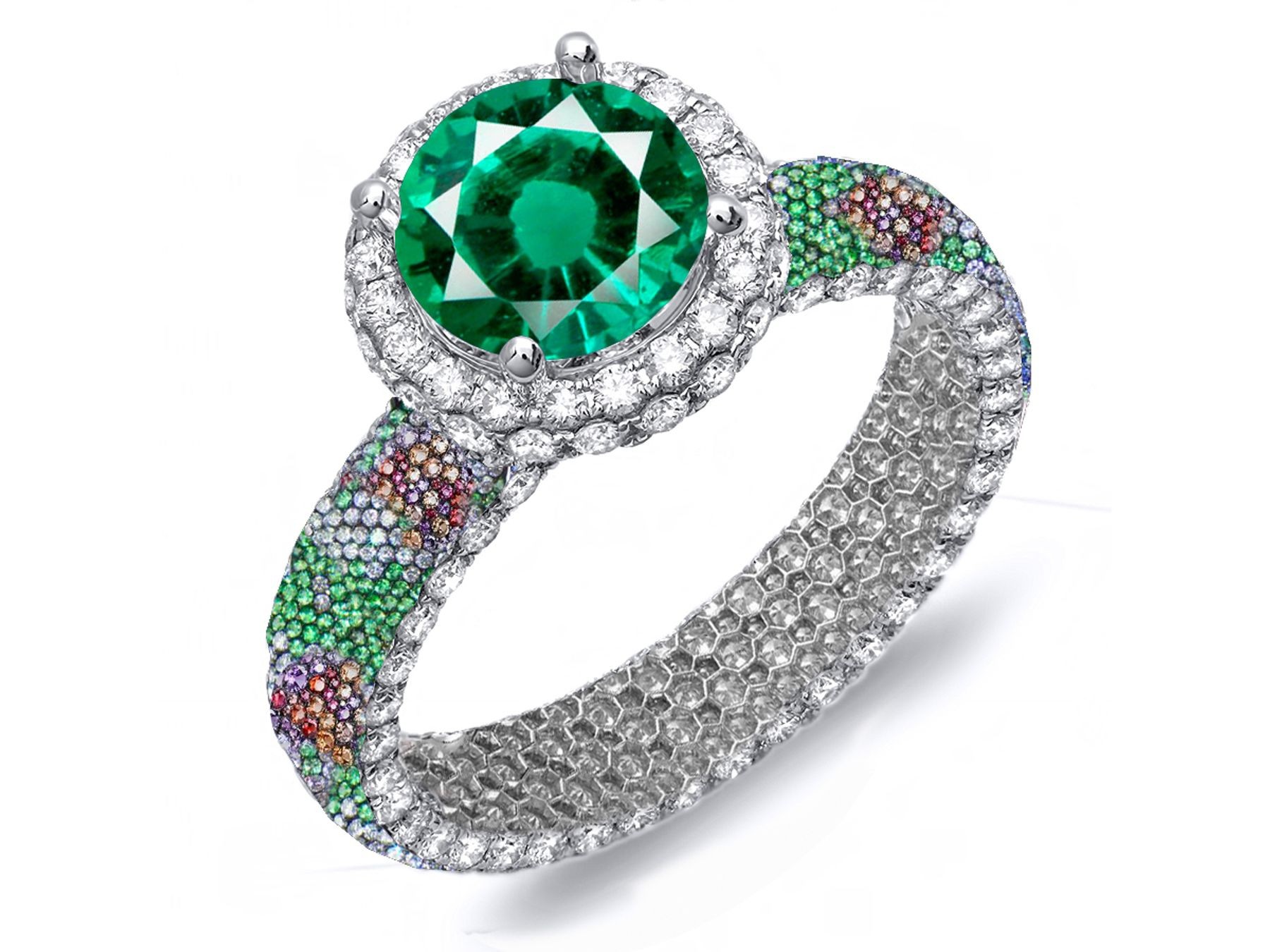 Stunning Pave Cluster Diamond & Multi-Colored Precious Stones Rubies, Emeralds & Blue, Pink, Purple, Yellow Sapphires