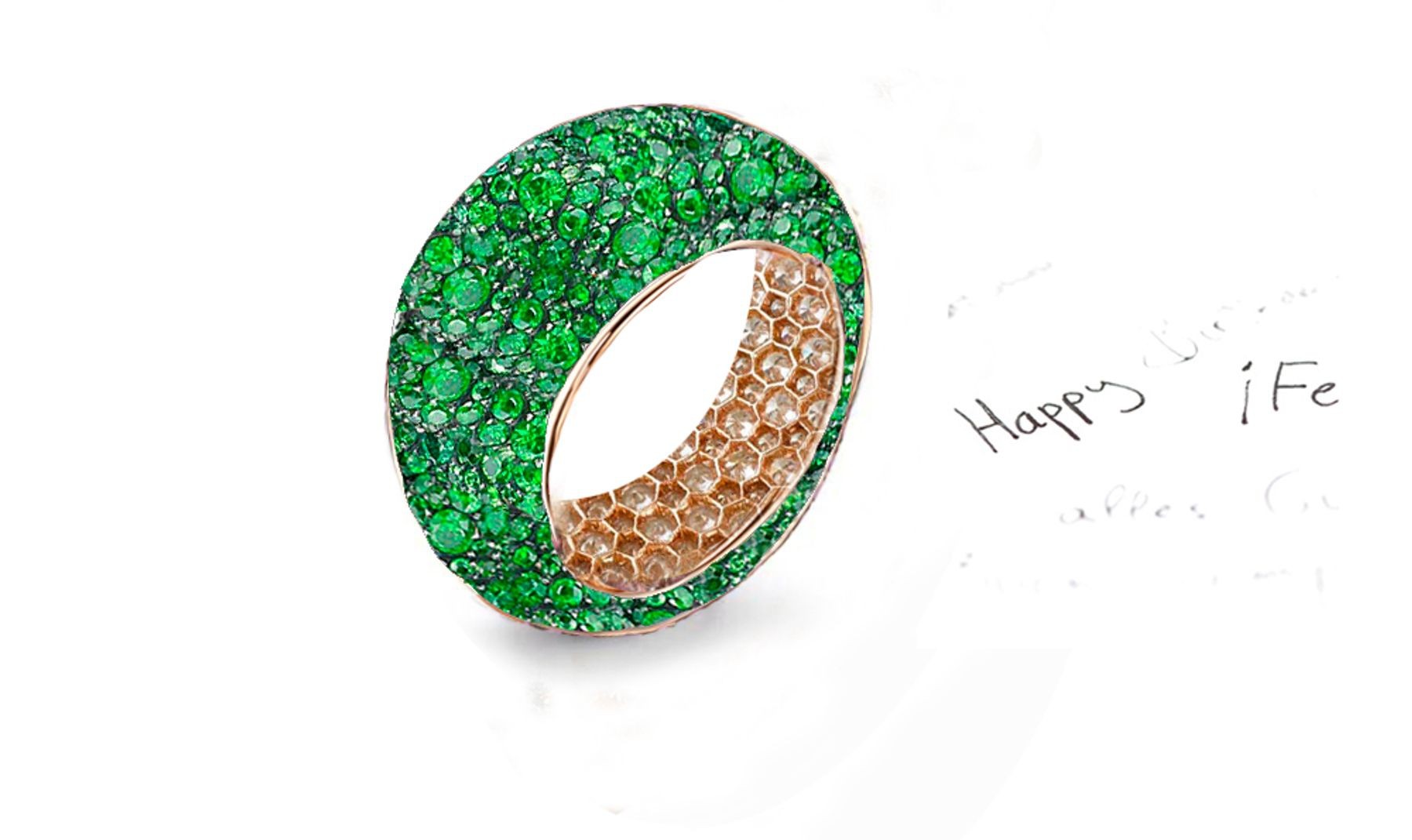 Made To Order Eternity Band Rings Featuring High Quality Diamonds & Green Emeralds