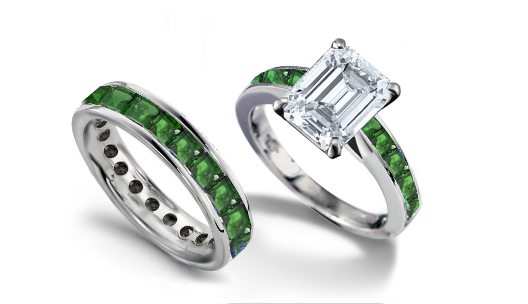 Emerald Cut Diamond & Square Emerald Ring & Matching Wedding Band