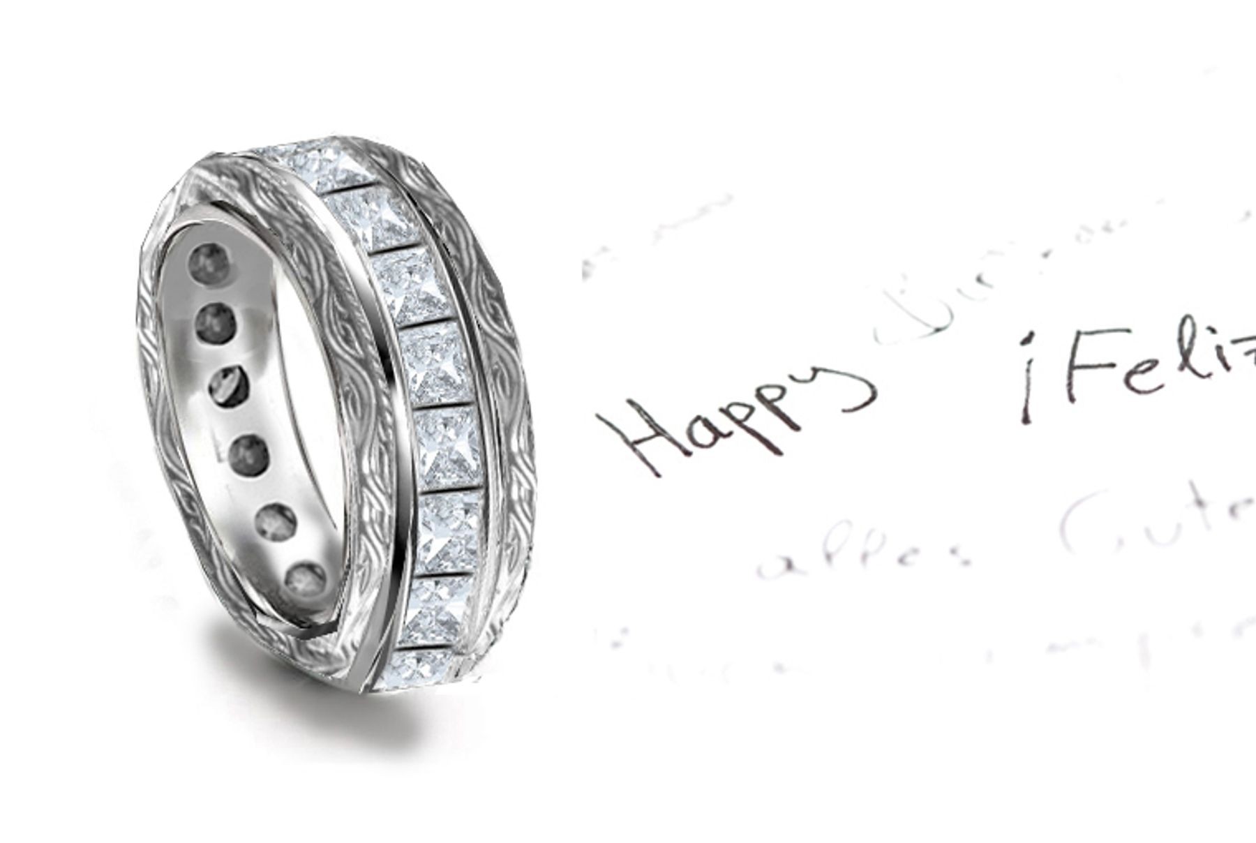 Shimmer: Princess Cut Diamonds Twinkle in Vintage Platinum Band Flourished with Scrolls