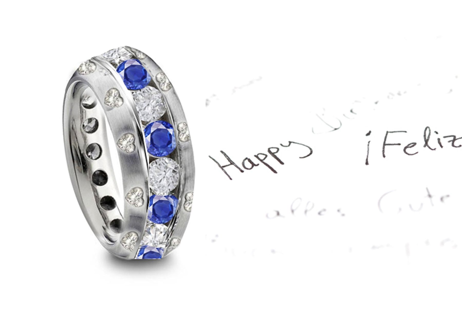 5 mm Wide Burnish Set Heart Diamond & Blue Sapphire Ring