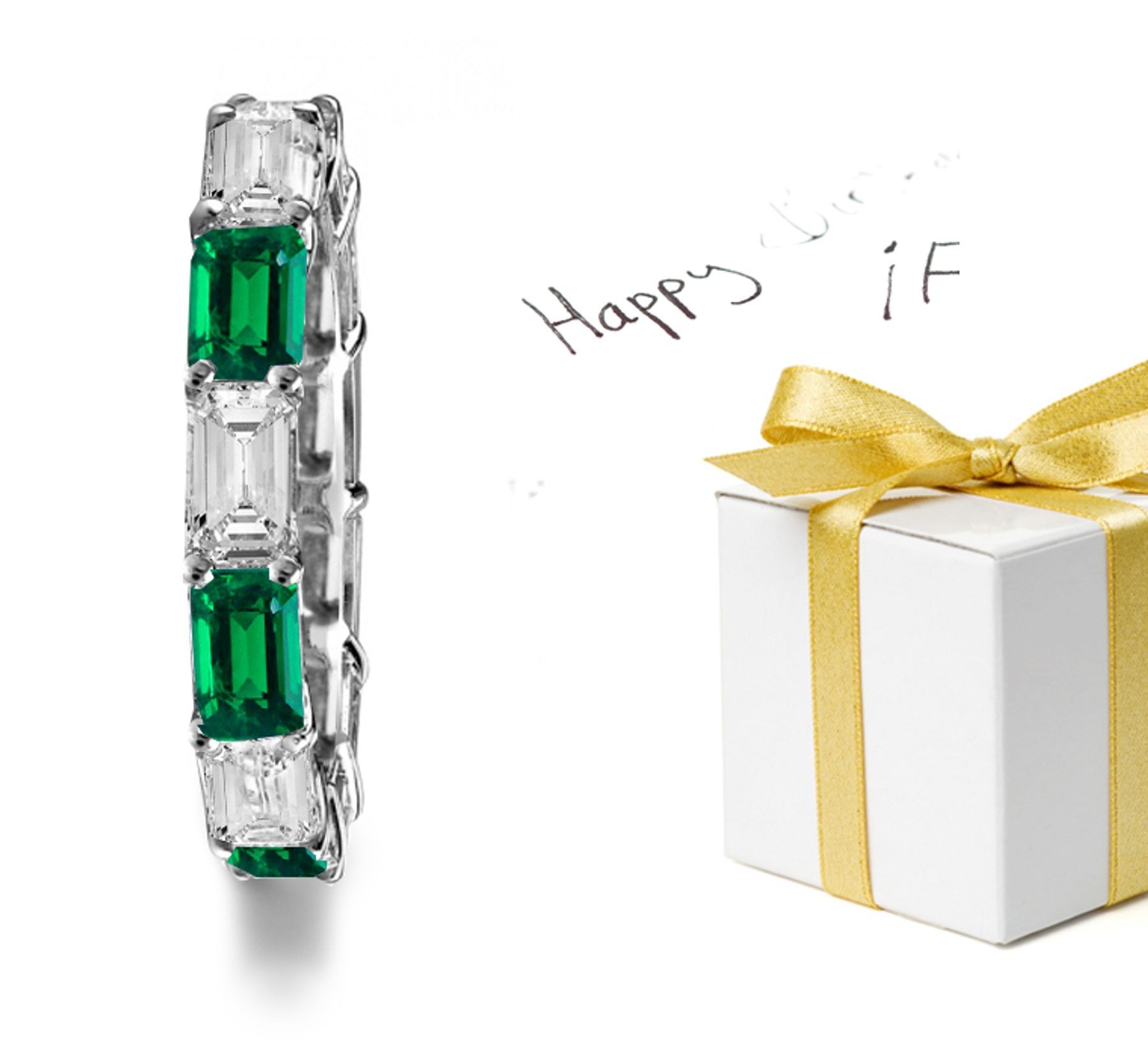 "Designer" Emerald Cut Emerald & Diamond Wedding Band