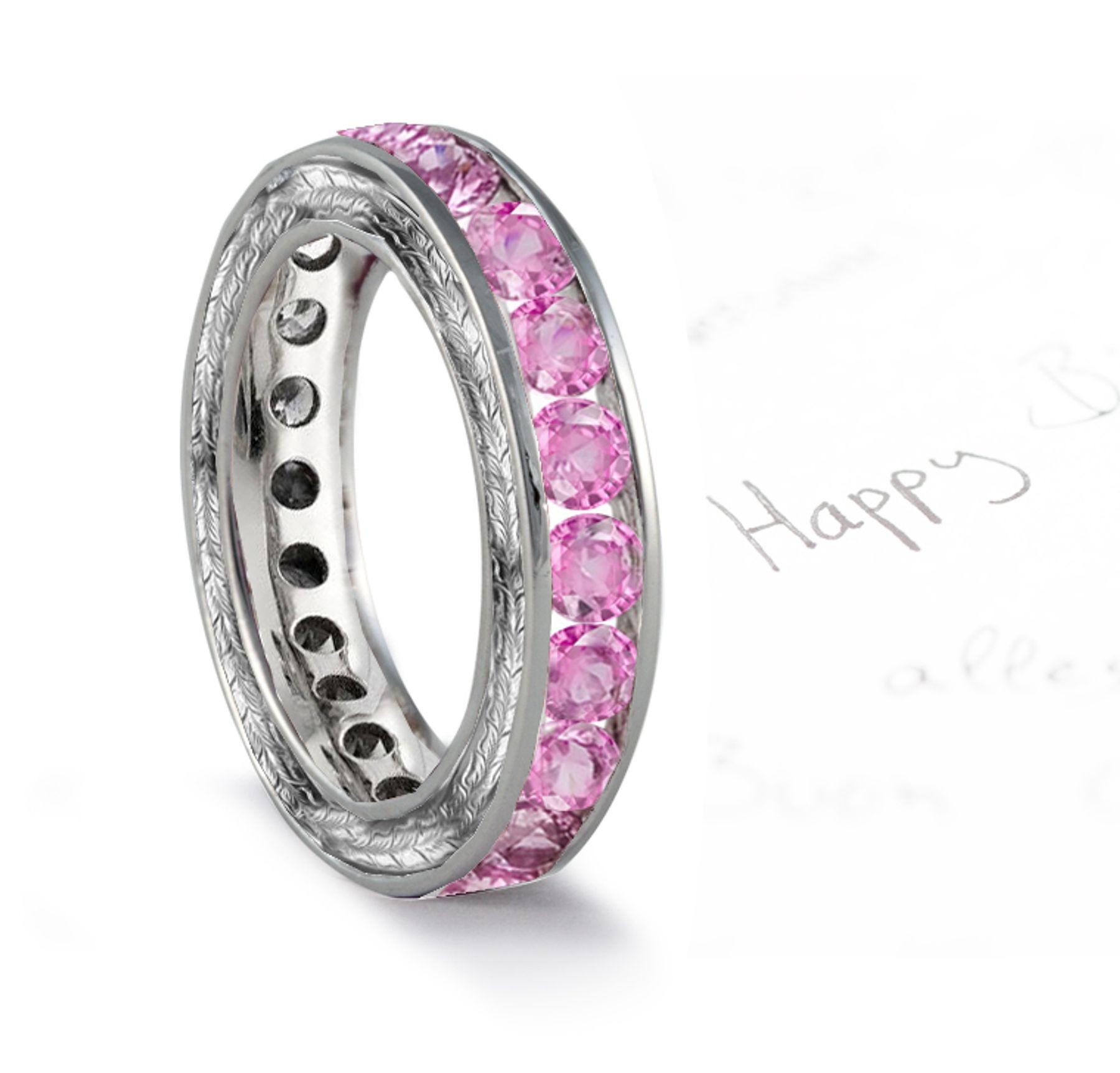 Pink Sapphire Engraved Wedding Bands