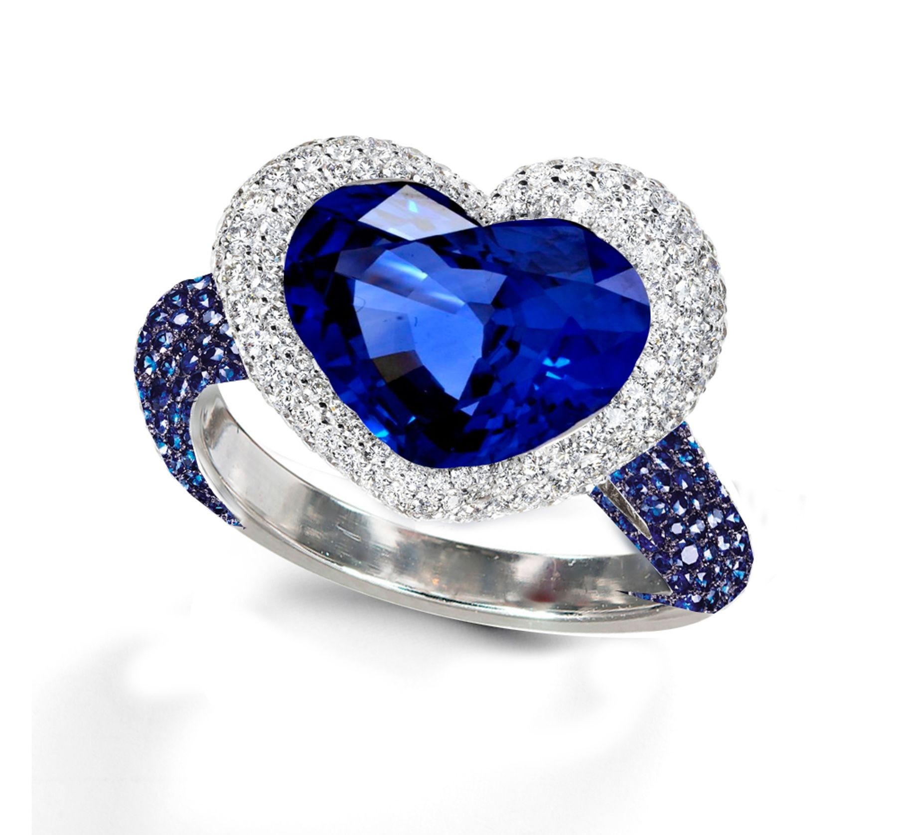 Ring with Heart Blue Sapphire & Pave Set Blue Sapphires & White Diamonds in Gold or Platinum