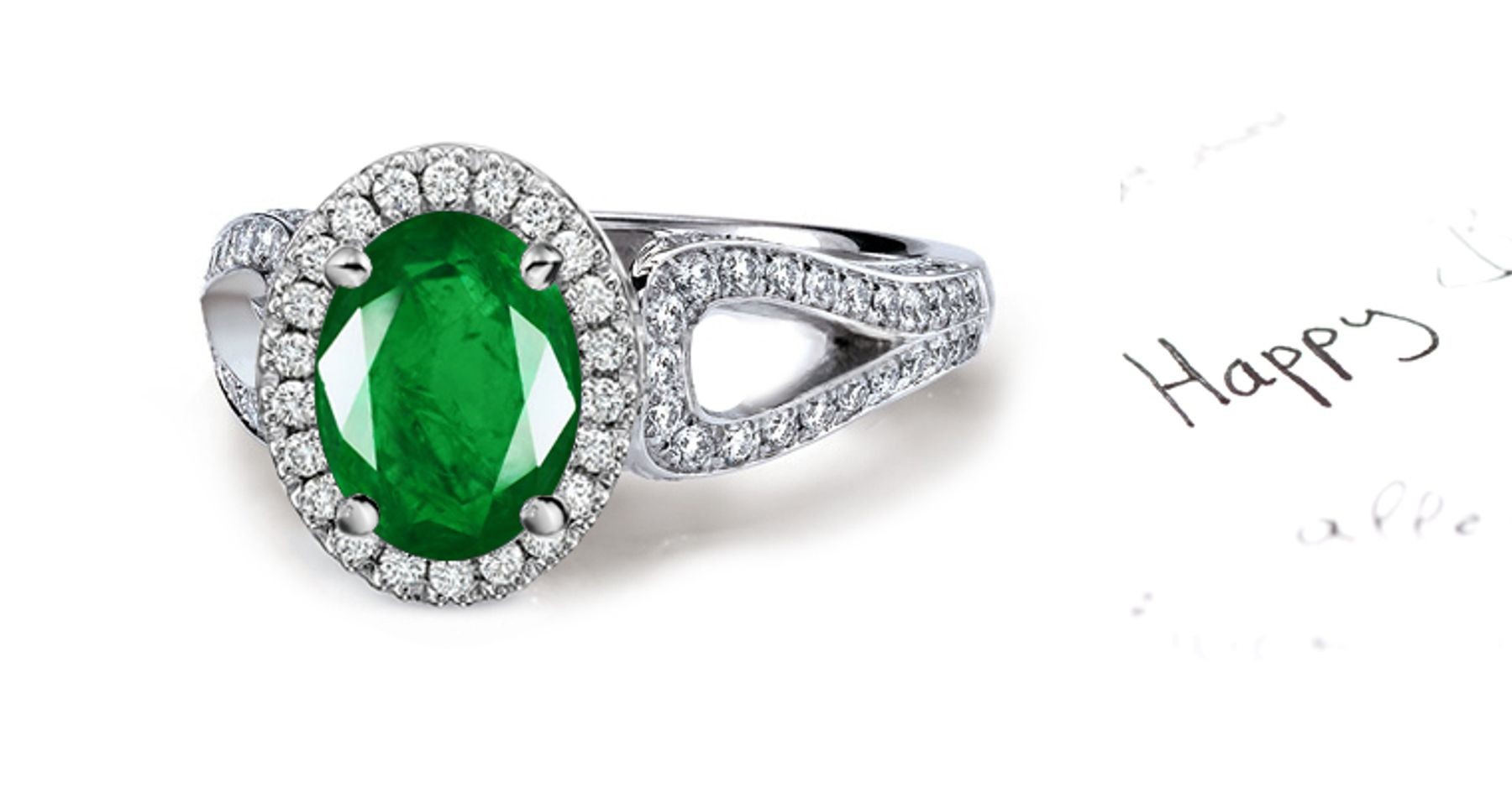 Showing Weight & Movement is this Vibrant & Sparkling Victorian Emerald Diamond Radiance Halo & Chevron Ring