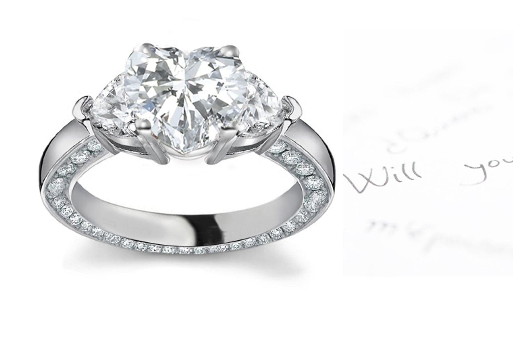 Three Stone Heart Diamond Engagement Halo Ring in Platinum & White Gold