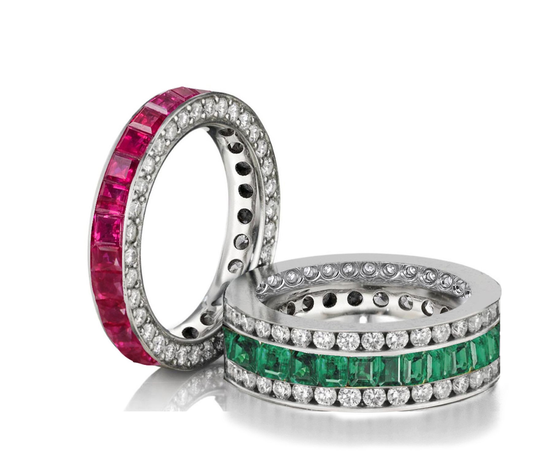 Made to Order Great Selection of Channel Set Princess Cut Round Diamonds Ruby & Green Emerald Eternity Rings & Bands