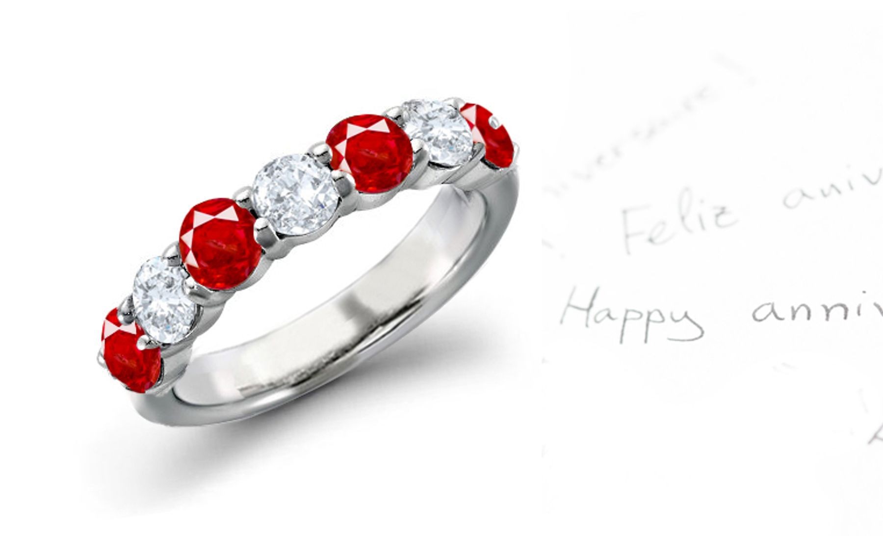 Anniversary Wedding Rings: Ruby diamond ring in platinum set with four round rubies and three round diamonds.