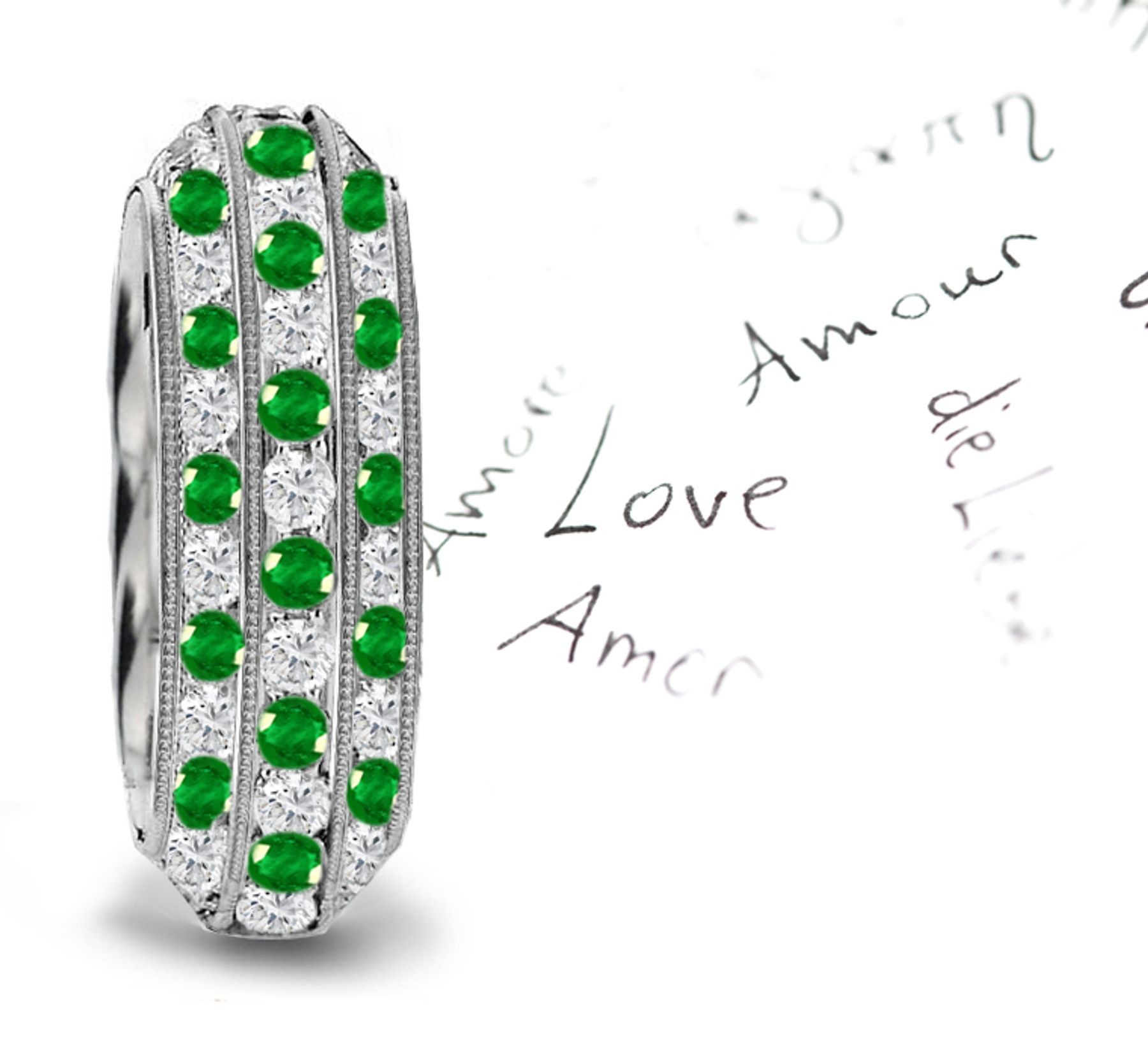 Triple Emerald Diamond Milgrain Eternity Ring