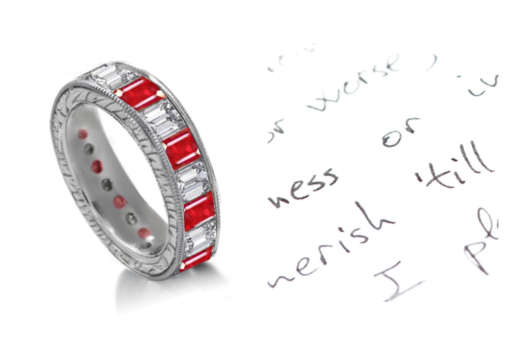 Emerald Cut Diamond & Ruby Channel Set Band with Engraved Sides