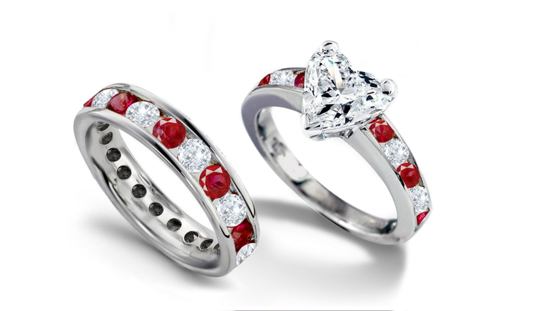Heart Diamond atop Ruby Engagement Ring & Ruby Diamond Gold Band