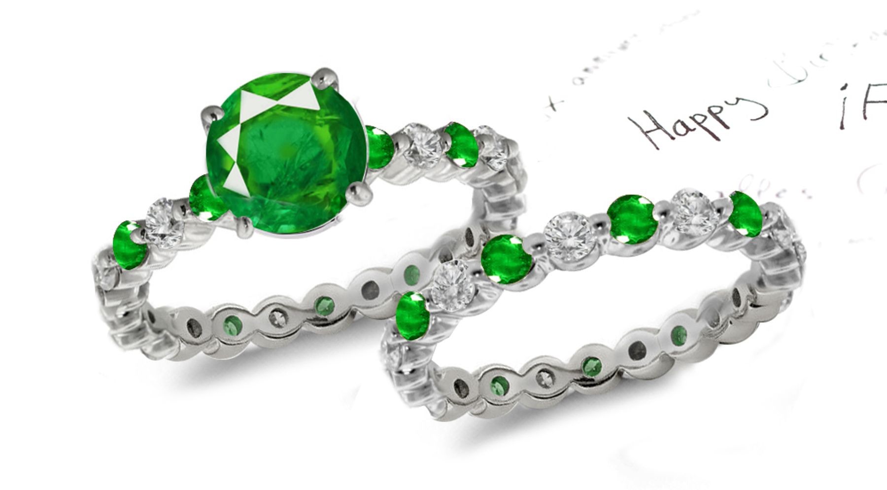 Fancy Shapes: True Genuine Round Emerald & Diamond Three-Stone Ring in 14k White Gold & Platinum 2.55 ct