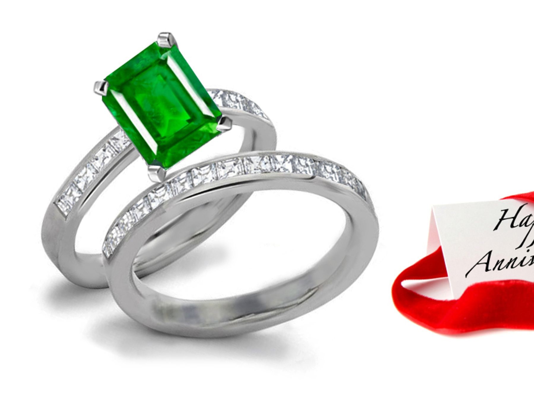 Yellow & Blue Colors Creating Great Shade & Tint of Rich Green Natural Emerald Cut Emerald atop Asscher Cut Diamond Ring & A Diamond Green Stones Band
