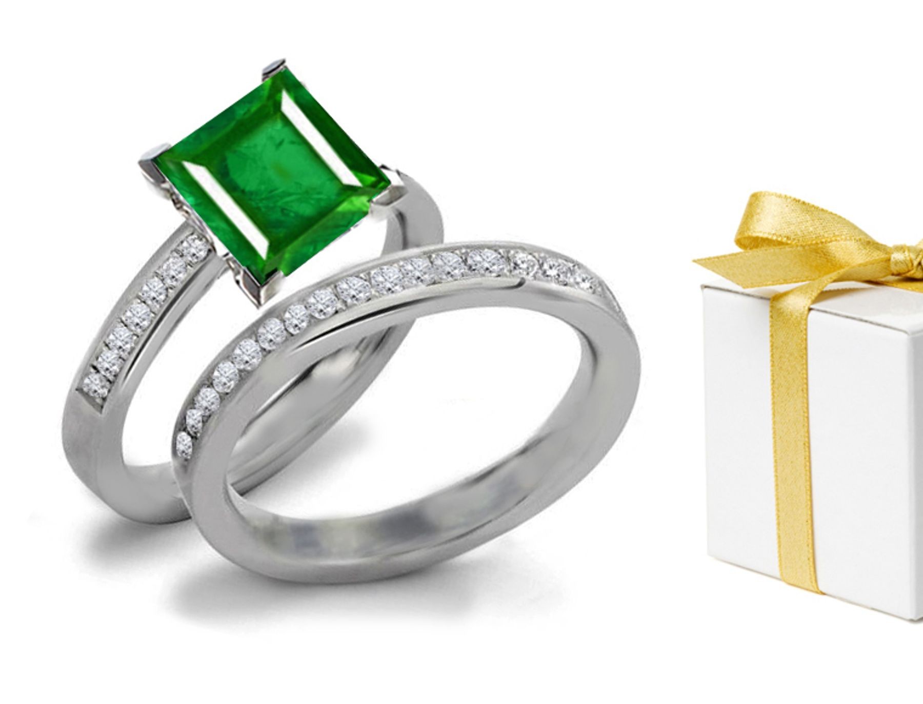 Phenomena - Solitaire Princess Cut Emerald & Diamond Engagement Ring & Band
